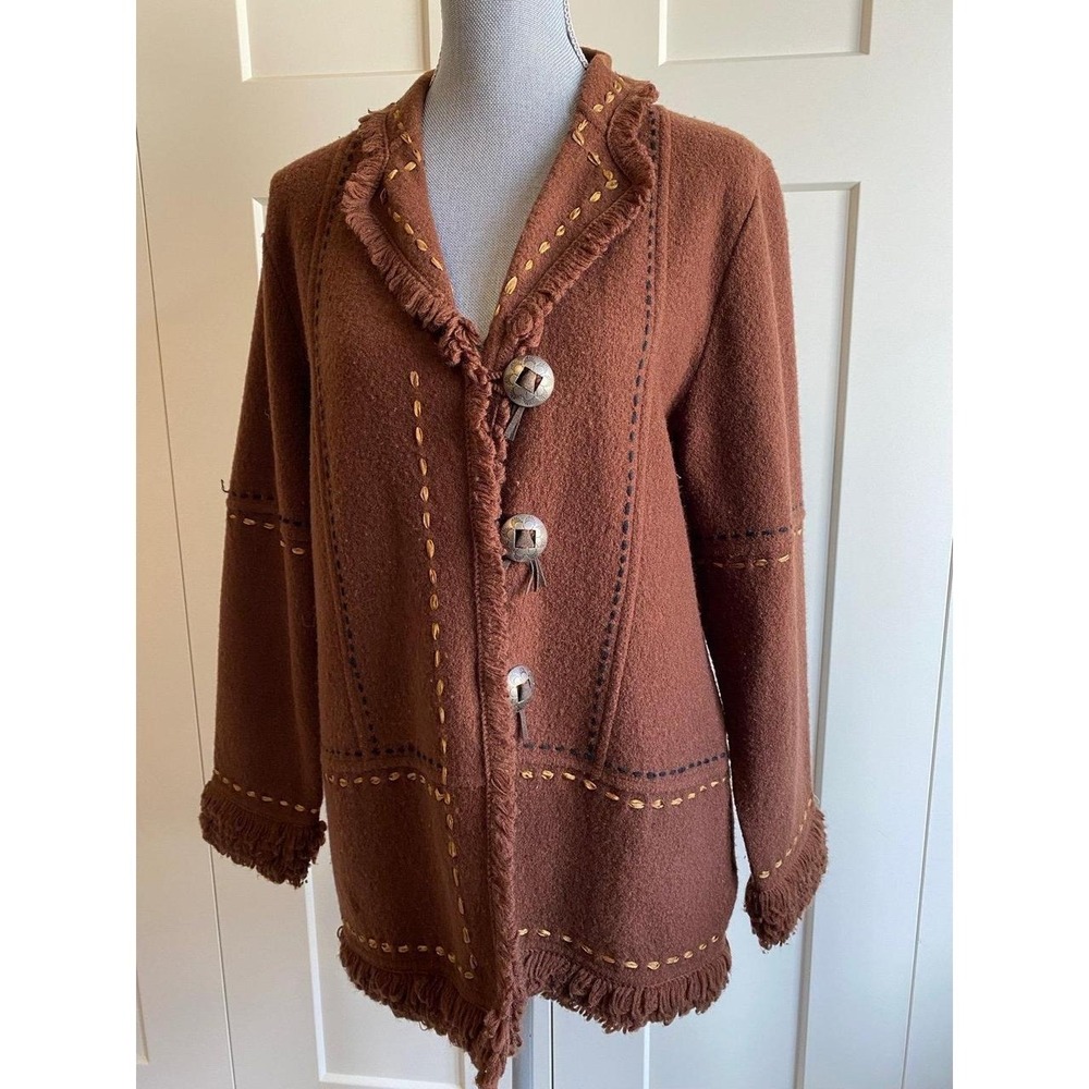 Icelandic Cardigan Sweater Western Concho L Button Design Zip Pockets Wool sku44